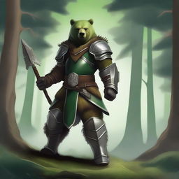 A fierce warrior clad in green armor, featuring bear ears on the helmet and bear claws as part of the gauntlets