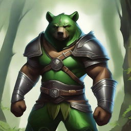 A fierce warrior clad in green armor, featuring bear ears on the helmet and bear claws as part of the gauntlets