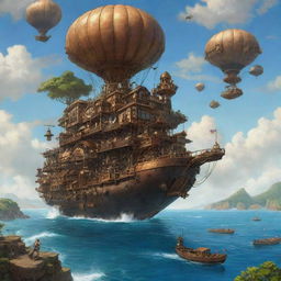 Depicting Sao Tome and Principe in a steampunk style, where tropical island landscapes merge with cogs-and-gears architecture, steamboat-enhanced marine life, and beautiful airships drifting lazily across the sky.