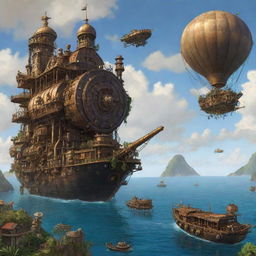 Depicting Sao Tome and Principe in a steampunk style, where tropical island landscapes merge with cogs-and-gears architecture, steamboat-enhanced marine life, and beautiful airships drifting lazily across the sky.