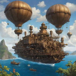 Depicting Sao Tome and Principe in a steampunk style, where tropical island landscapes merge with cogs-and-gears architecture, steamboat-enhanced marine life, and beautiful airships drifting lazily across the sky.