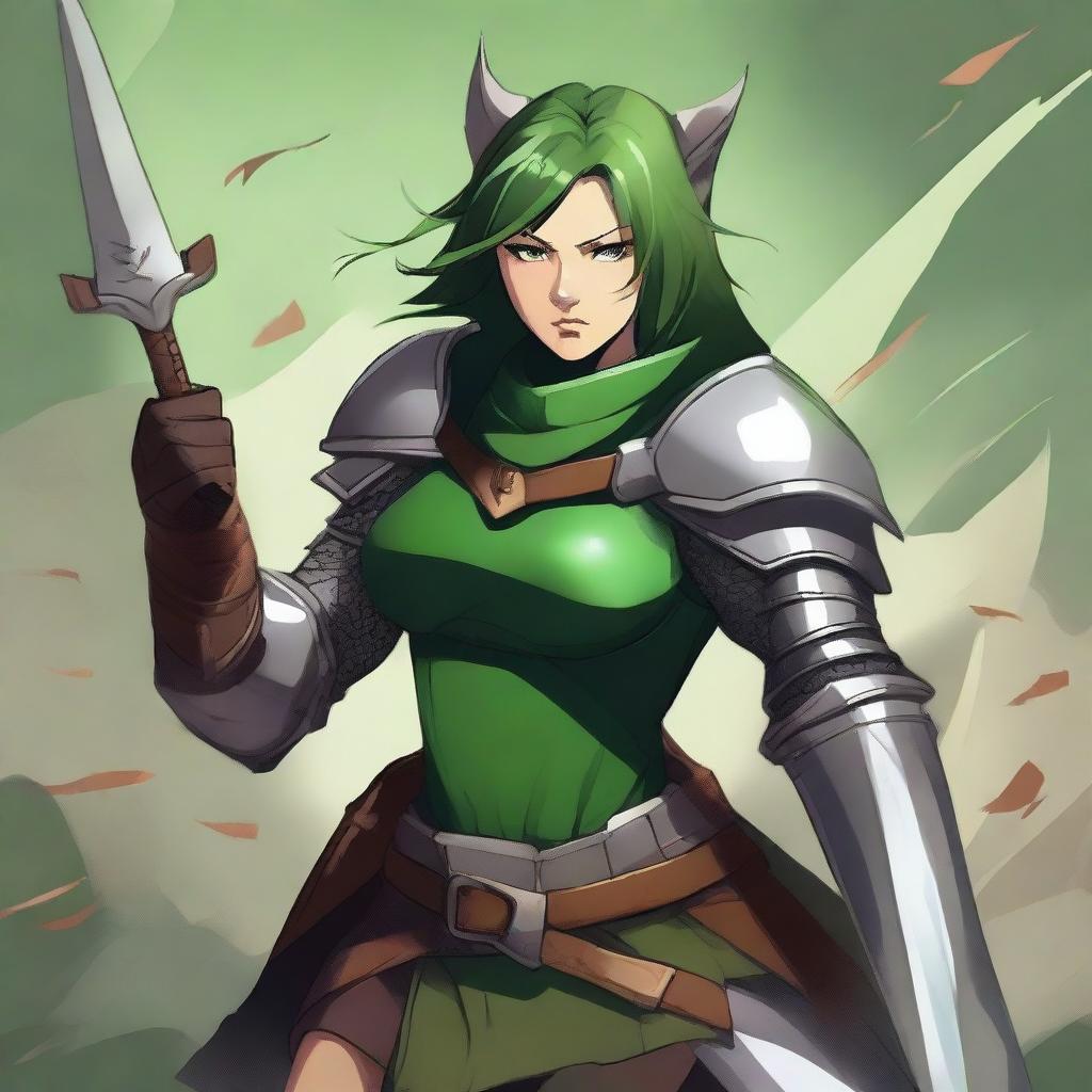 A strong, muscular female knight with green armor and bear ears