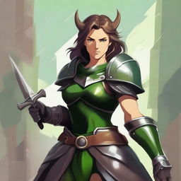 A strong, muscular female knight with green armor and bear ears