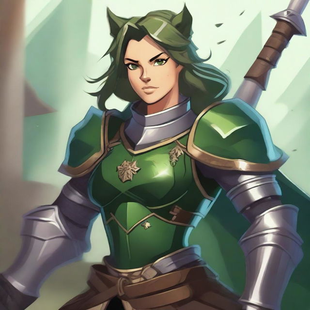 A strong, muscular female knight with green armor and bear ears