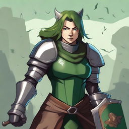 A strong, muscular female knight with green armor and bear ears