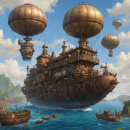 Depicting Sao Tome and Principe in a steampunk style, where tropical island landscapes merge with cogs-and-gears architecture, steamboat-enhanced marine life, and beautiful airships drifting lazily across the sky.