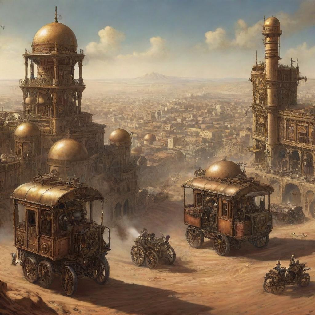 A steampunk-themed rendition of Algeria, presenting Algiers with an antique mechanized cityscape, vast deserts with prowling mechanized caravans, and ancient ruins enhanced with subtle gearwork.