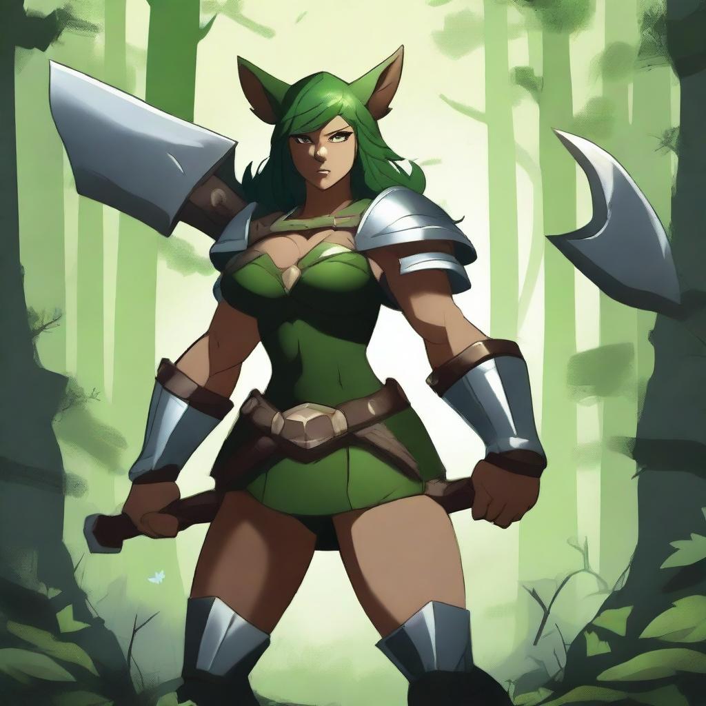 A strong and muscular female warrior with bear ears, wearing green armor, wielding a big axe