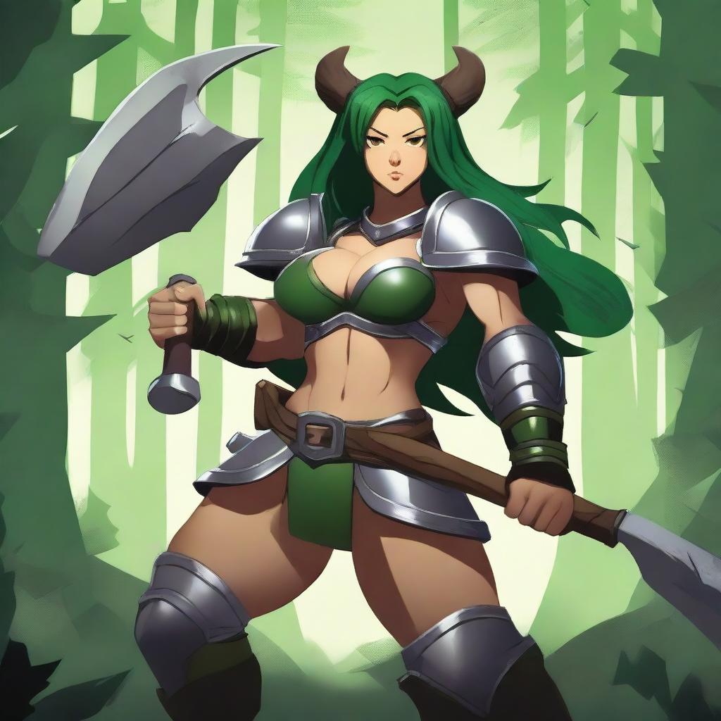 A strong and muscular female warrior with bear ears, wearing green armor, wielding a big axe