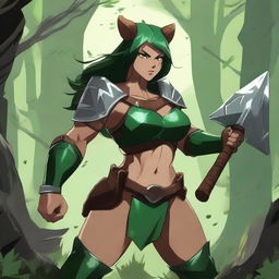 A strong and muscular female warrior with bear ears, wearing green armor, wielding a big axe