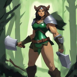 A strong and muscular female warrior with bear ears, wearing green armor, wielding a big axe