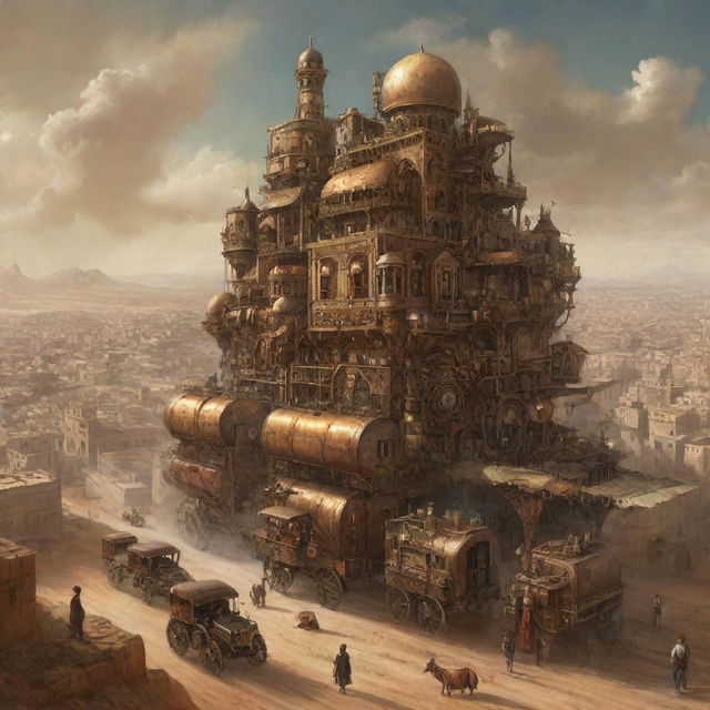 A steampunk-themed rendition of Algeria, presenting Algiers with an antique mechanized cityscape, vast deserts with prowling mechanized caravans, and ancient ruins enhanced with subtle gearwork.