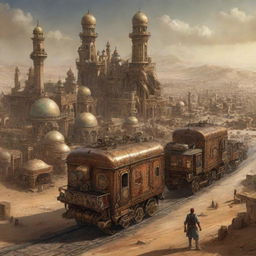 A steampunk-themed rendition of Algeria, presenting Algiers with an antique mechanized cityscape, vast deserts with prowling mechanized caravans, and ancient ruins enhanced with subtle gearwork.