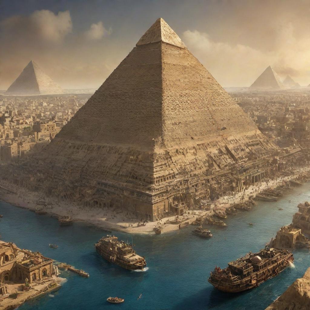 An imaginative view of Egypt with a steampunk aesthetic, featuring the Great Pyramids of Giza intertwined with cogs and gears, the Nile River bustling with steam-powered boats, and Cairo's cityscape elevated with bronze-engraved structures.