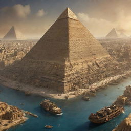 An imaginative view of Egypt with a steampunk aesthetic, featuring the Great Pyramids of Giza intertwined with cogs and gears, the Nile River bustling with steam-powered boats, and Cairo's cityscape elevated with bronze-engraved structures.