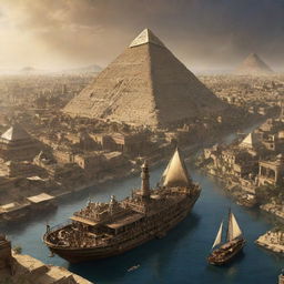 An imaginative view of Egypt with a steampunk aesthetic, featuring the Great Pyramids of Giza intertwined with cogs and gears, the Nile River bustling with steam-powered boats, and Cairo's cityscape elevated with bronze-engraved structures.