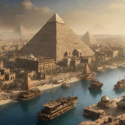 An imaginative view of Egypt with a steampunk aesthetic, featuring the Great Pyramids of Giza intertwined with cogs and gears, the Nile River bustling with steam-powered boats, and Cairo's cityscape elevated with bronze-engraved structures.