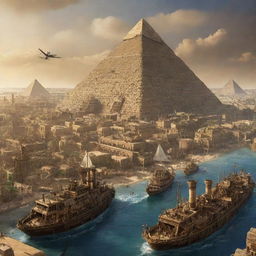 An imaginative view of Egypt with a steampunk aesthetic, featuring the Great Pyramids of Giza intertwined with cogs and gears, the Nile River bustling with steam-powered boats, and Cairo's cityscape elevated with bronze-engraved structures.