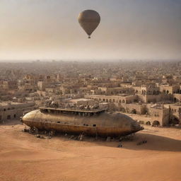 Envision Libya embraced by the steampunk world, with the cityscape of Tripoli adorned by brass and copper fixtures, desert landscapes invaded by steam-powered vehicles, and airships murmur over the ancient Saharan dunes.