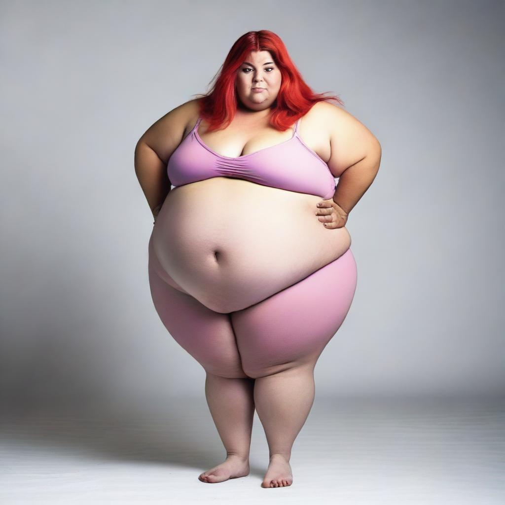 A large woman wearing extremely tiny clothes, creating a humorous and exaggerated visual contrast