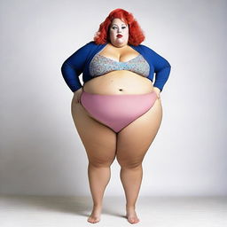 A large woman wearing extremely tiny clothes, creating a humorous and exaggerated visual contrast