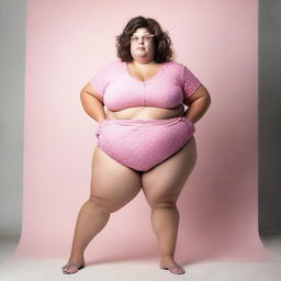 A large woman wearing extremely tiny clothes, creating a humorous and exaggerated visual contrast