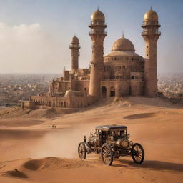 Envision Libya embraced by the steampunk world, with the cityscape of Tripoli adorned by brass and copper fixtures, desert landscapes invaded by steam-powered vehicles, and airships murmur over the ancient Saharan dunes.