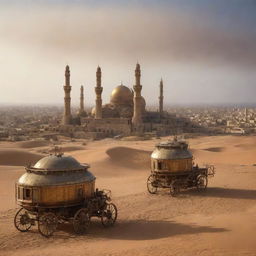 Envision Libya embraced by the steampunk world, with the cityscape of Tripoli adorned by brass and copper fixtures, desert landscapes invaded by steam-powered vehicles, and airships murmur over the ancient Saharan dunes.