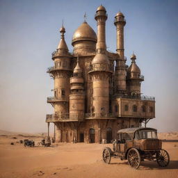 Envision Libya embraced by the steampunk world, with the cityscape of Tripoli adorned by brass and copper fixtures, desert landscapes invaded by steam-powered vehicles, and airships murmur over the ancient Saharan dunes.