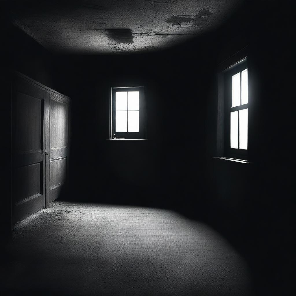 A dark room with minimal lighting, casting eerie shadows on the walls