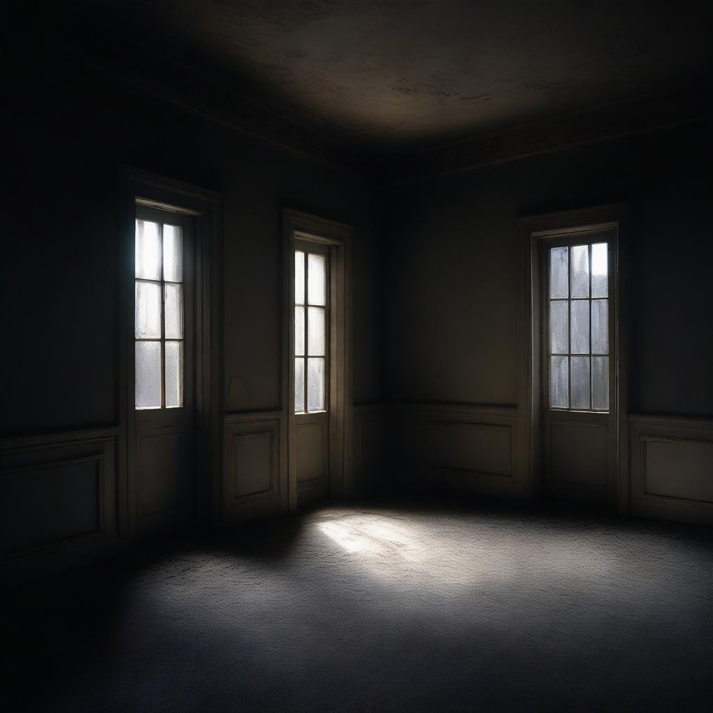 A dark room with minimal lighting, casting eerie shadows on the walls