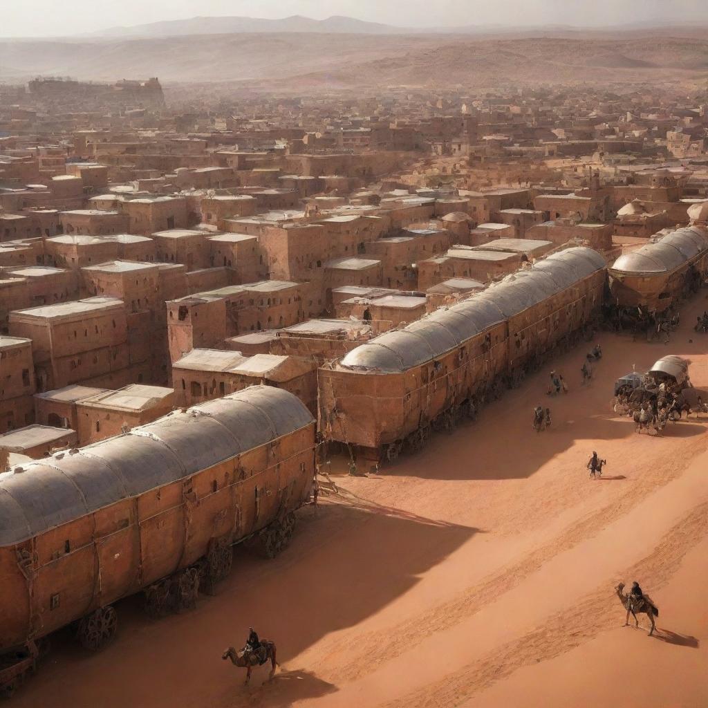 Imagine a steampunk Morocco, featuring bustling Marrakech entwined with copper-clad buildings, the Atlas Mountains surrounded by airships, and saharan caravans traversing the desert mounted on steam-effused camels.