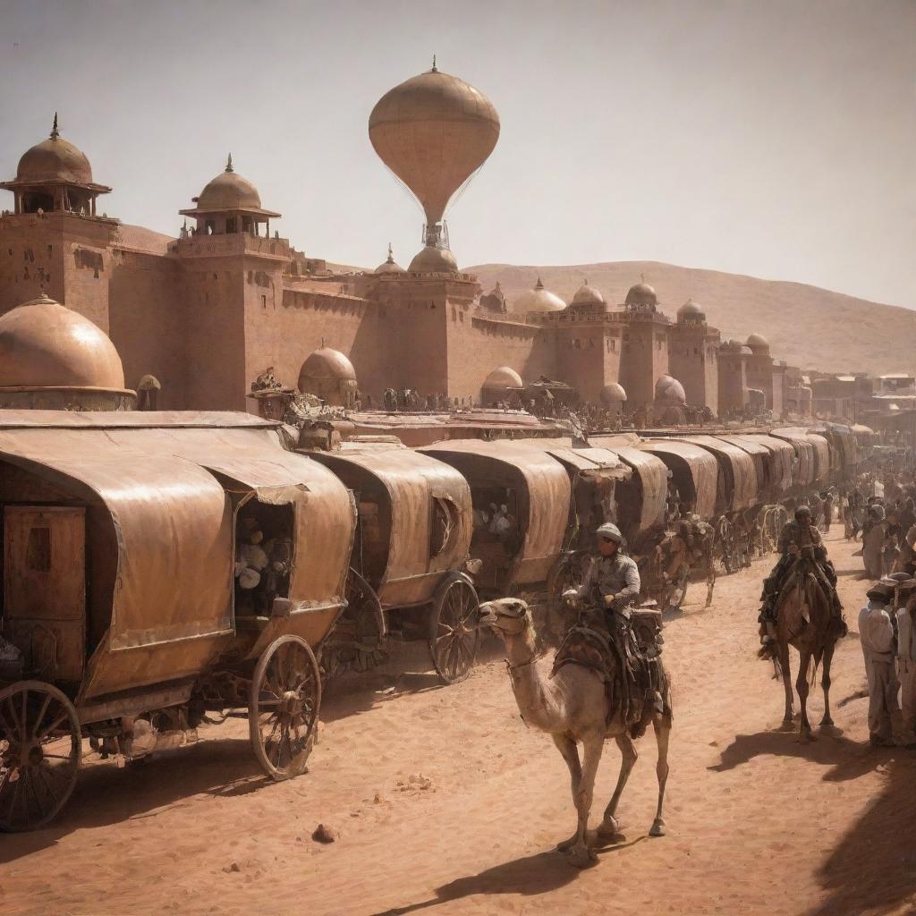 Imagine a steampunk Morocco, featuring bustling Marrakech entwined with copper-clad buildings, the Atlas Mountains surrounded by airships, and saharan caravans traversing the desert mounted on steam-effused camels.