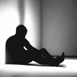 A man sitting on the floor with a depressed expression, set against a white empty background