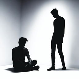 A man sitting on the floor with a depressed expression, set against a white empty background