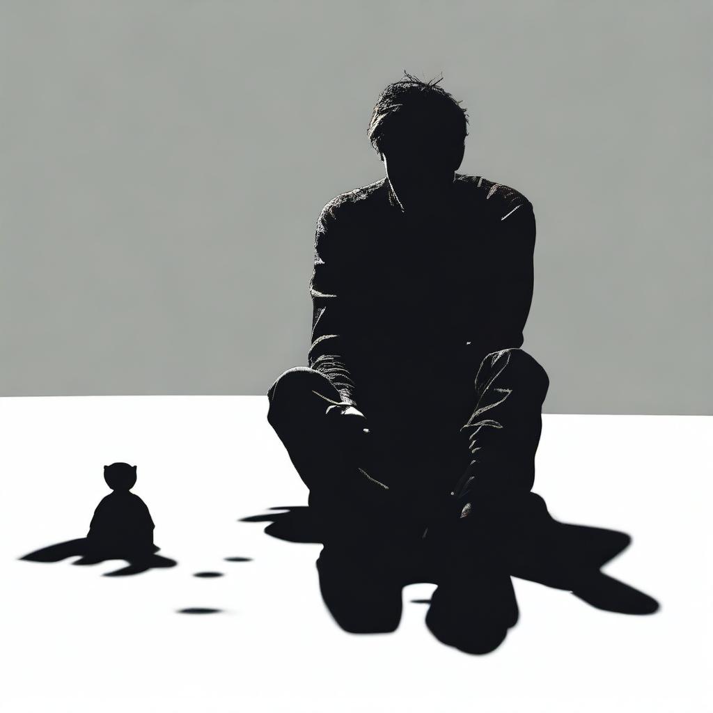 A man sitting on the floor with a depressed expression, set against a white empty background