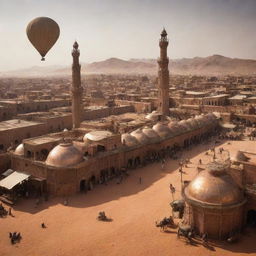 Imagine a steampunk Morocco, featuring bustling Marrakech entwined with copper-clad buildings, the Atlas Mountains surrounded by airships, and saharan caravans traversing the desert mounted on steam-effused camels.