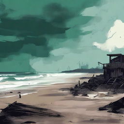 A grunge-style beach scene with an acidic color palette