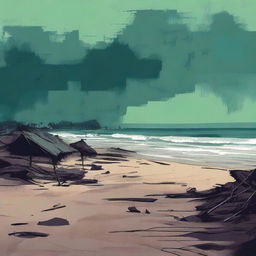 A grunge-style beach scene with an acidic color palette