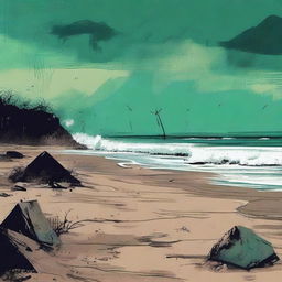 A grunge-style beach scene with an acidic color palette