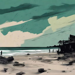 A grunge-style beach scene with an acidic color palette