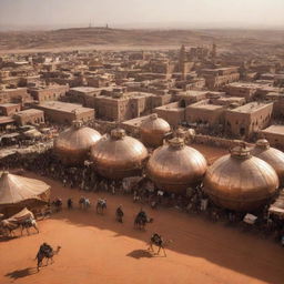 Imagine a steampunk Morocco, featuring bustling Marrakech entwined with copper-clad buildings, the Atlas Mountains surrounded by airships, and saharan caravans traversing the desert mounted on steam-effused camels.