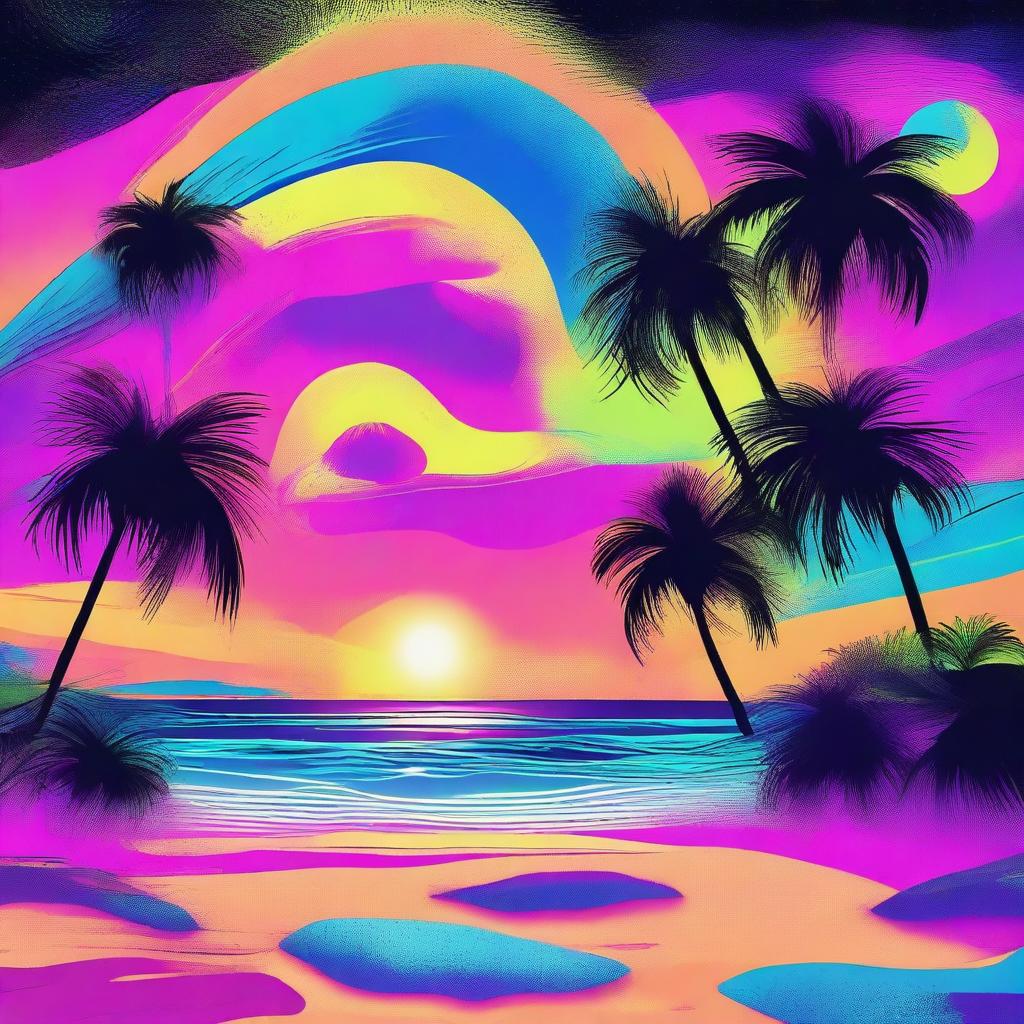 A psychedelic grunge beach scene with vibrant, acidic colors