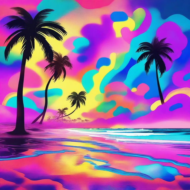 A psychedelic grunge beach scene with vibrant, acidic colors