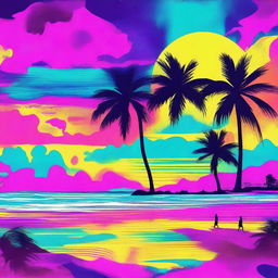 A psychedelic grunge beach scene with vibrant, acidic colors