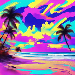 A psychedelic grunge beach scene with vibrant, acidic colors