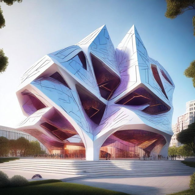 A futuristic building designed in 4D, showcasing intricate geometries and multidimensional elements