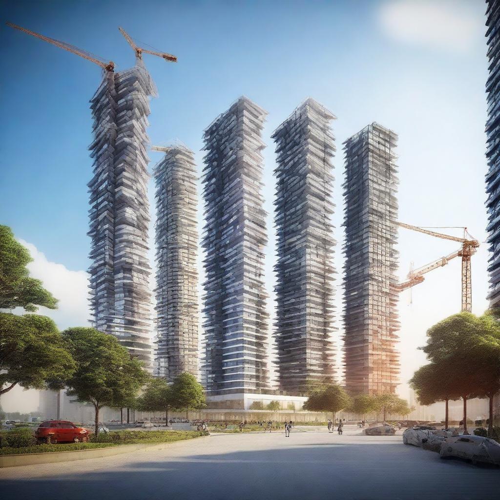 A futuristic real estate development project featuring ultra-modern residential buildings with sleek designs and advanced technology