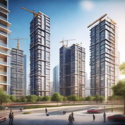 A futuristic real estate development project featuring ultra-modern residential buildings with sleek designs and advanced technology