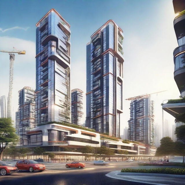 A futuristic real estate development project featuring ultra-modern residential buildings with sleek designs and advanced technology